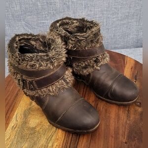 SOREL Joan Of Arctic Wedge Ankle Boots Faux Fur Trim NL1984-010 Brown Size 8.5